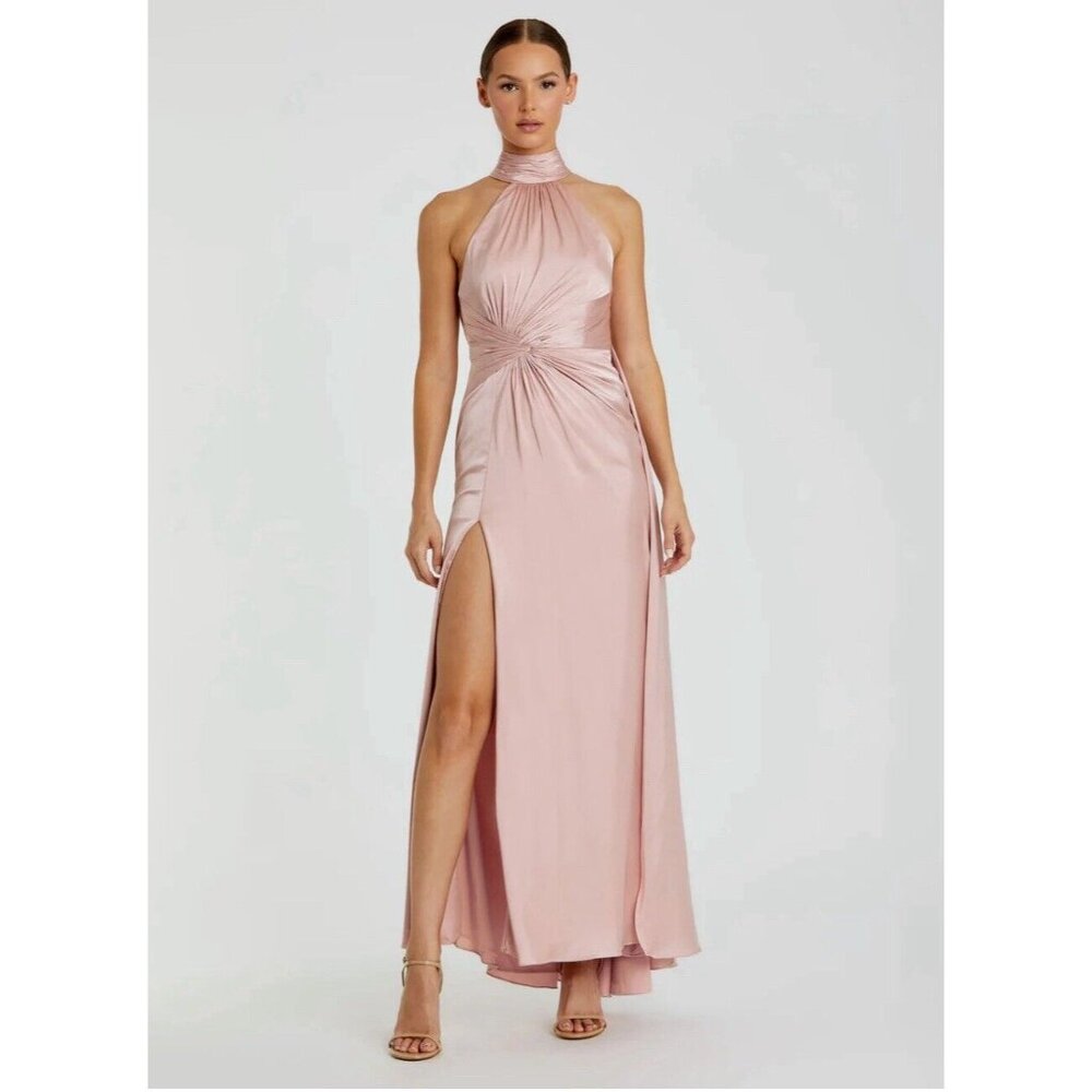 IEENA Mac Duggal Gown Dress Size 6 Pink Open Back High Neck Side Ruched 11642